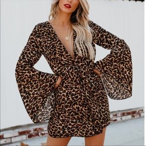 VICI Deep V Animal Print Mini Dress with Knot Waist & Long Bell Sleeves - Small